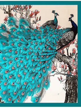 2/$30 NWT Oversized Peacock Floral Silk Satin Scarf 90x90 Teal Gold Shawl Wrap